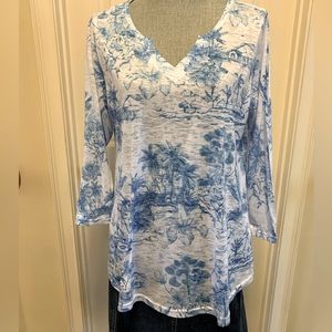 Impulse California casual top longsleeve size M blue & white tropical look
